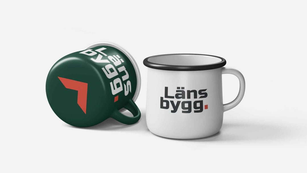 Emaljmugg med Länsbyggs logotyp
