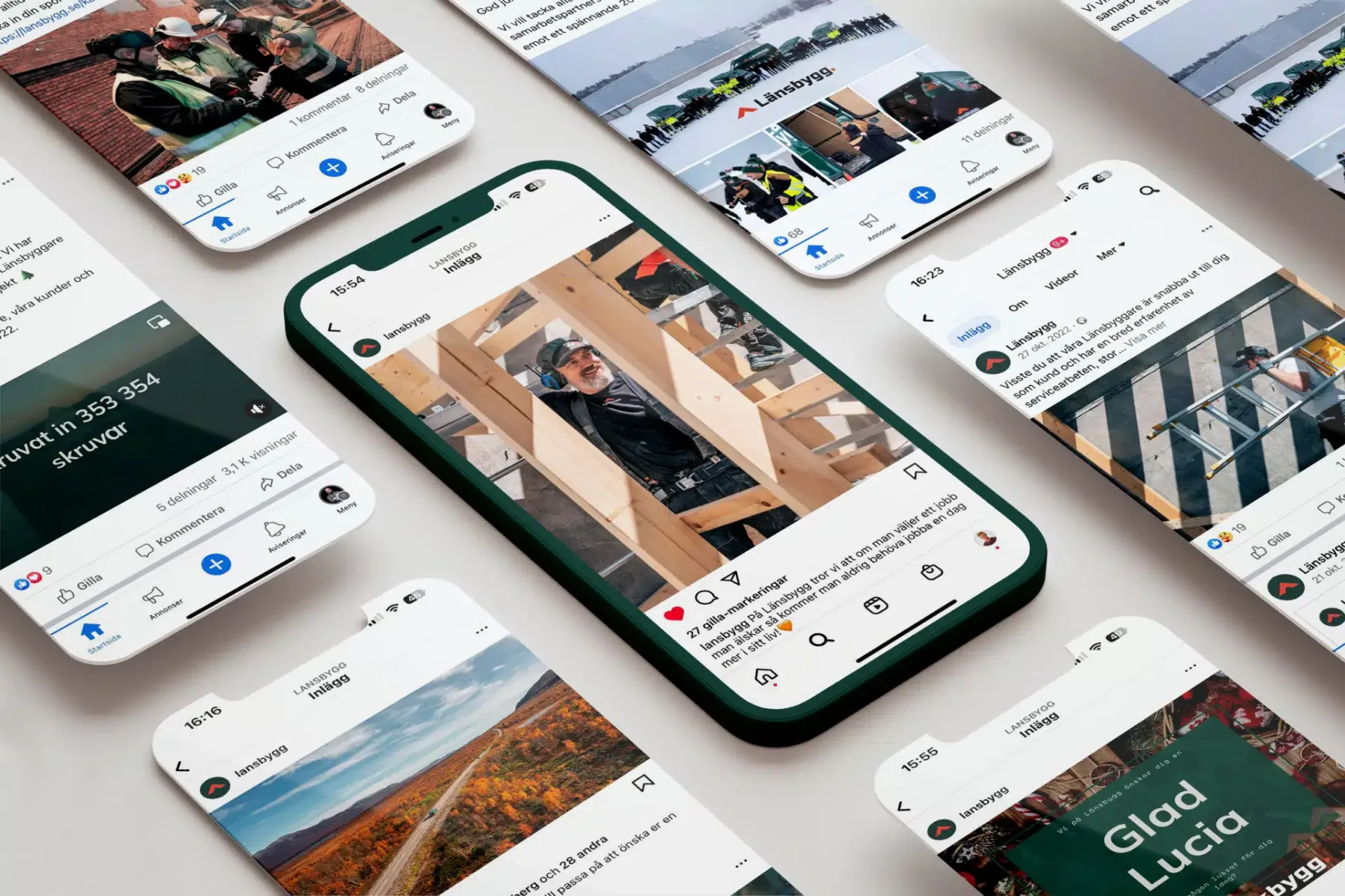 Mockup av Länsbyggs sociala medier i mobilformat