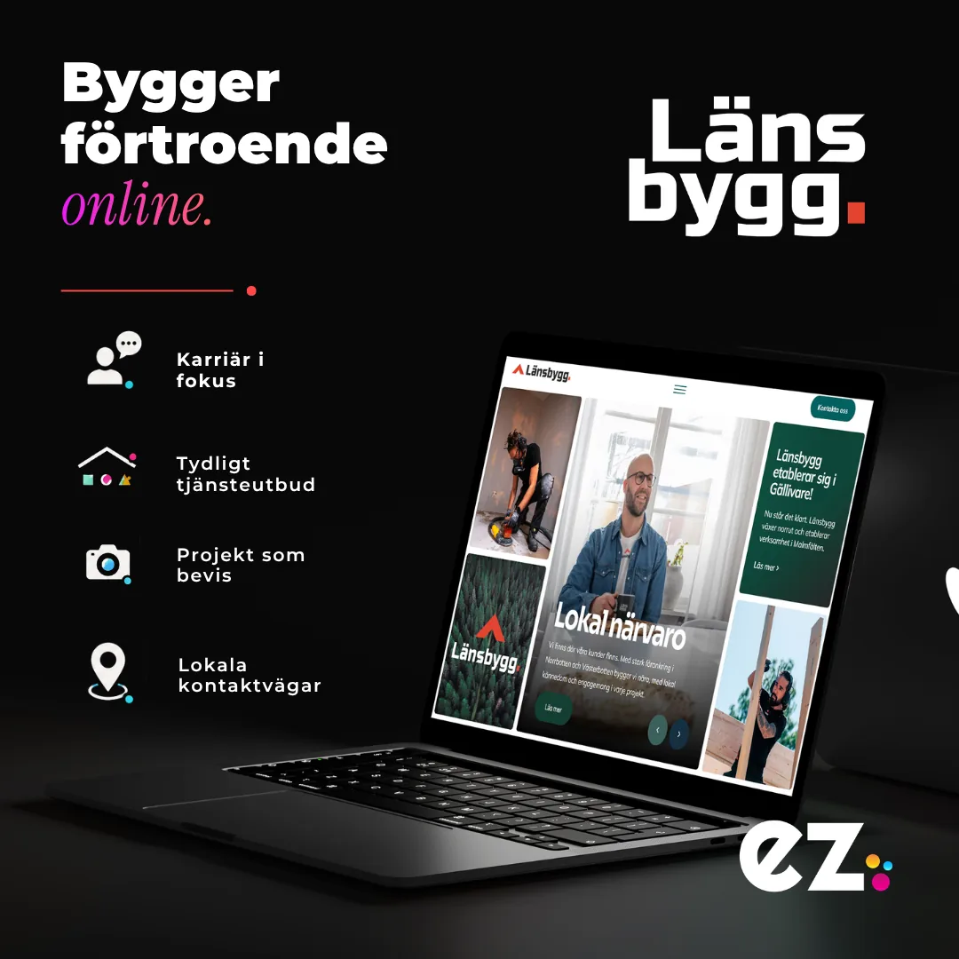 Länsbyggs hemsida i mockup på laptop — byggföretag med lokal närvaro, byggd av EZ Agency.