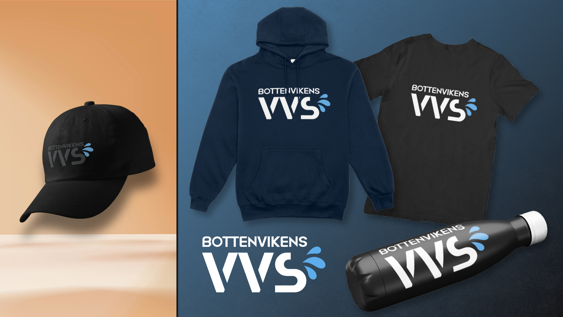 Bottenvikens VVS — logotyp applicerad på keps, hoodie, t-shirt och vattenflaska