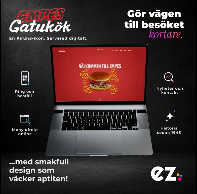 Mockup av Empes Gatuköks hemsida på en laptop — exempel på hur EZ Agency bygger en digital helhet kring ett lokalt företag i Norrbotten.