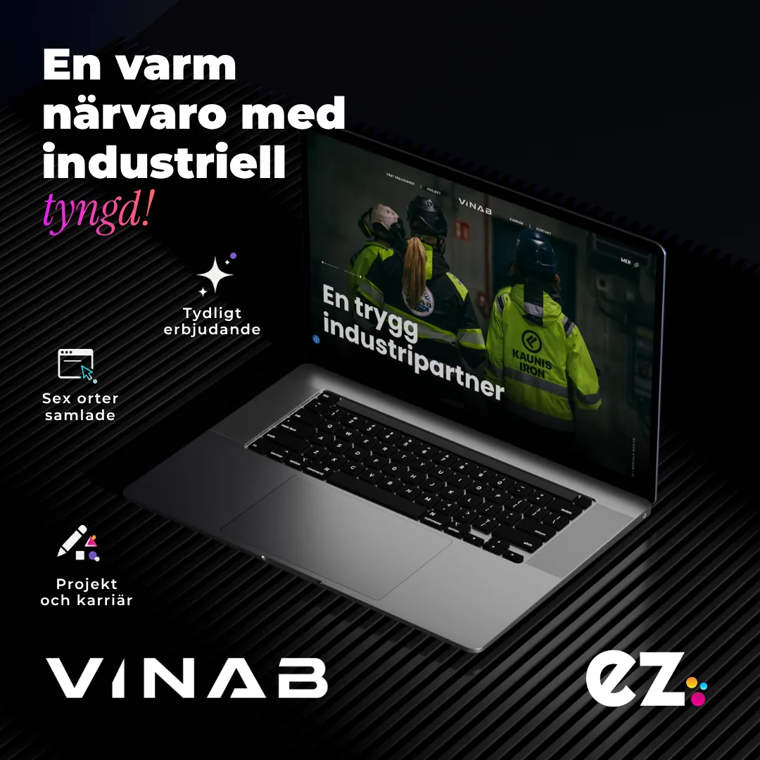 VINAB:s hemsida i mockup — industripartner med sex orter samlade, byggd av EZ Agency.