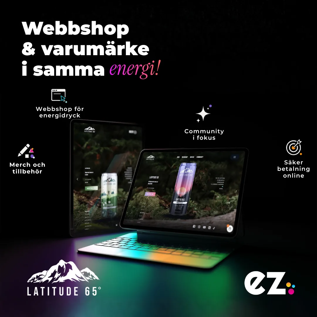 Latitude 65 hemsida i mockup — webbshop och varumärke för energidryck, byggd av EZ Agency.