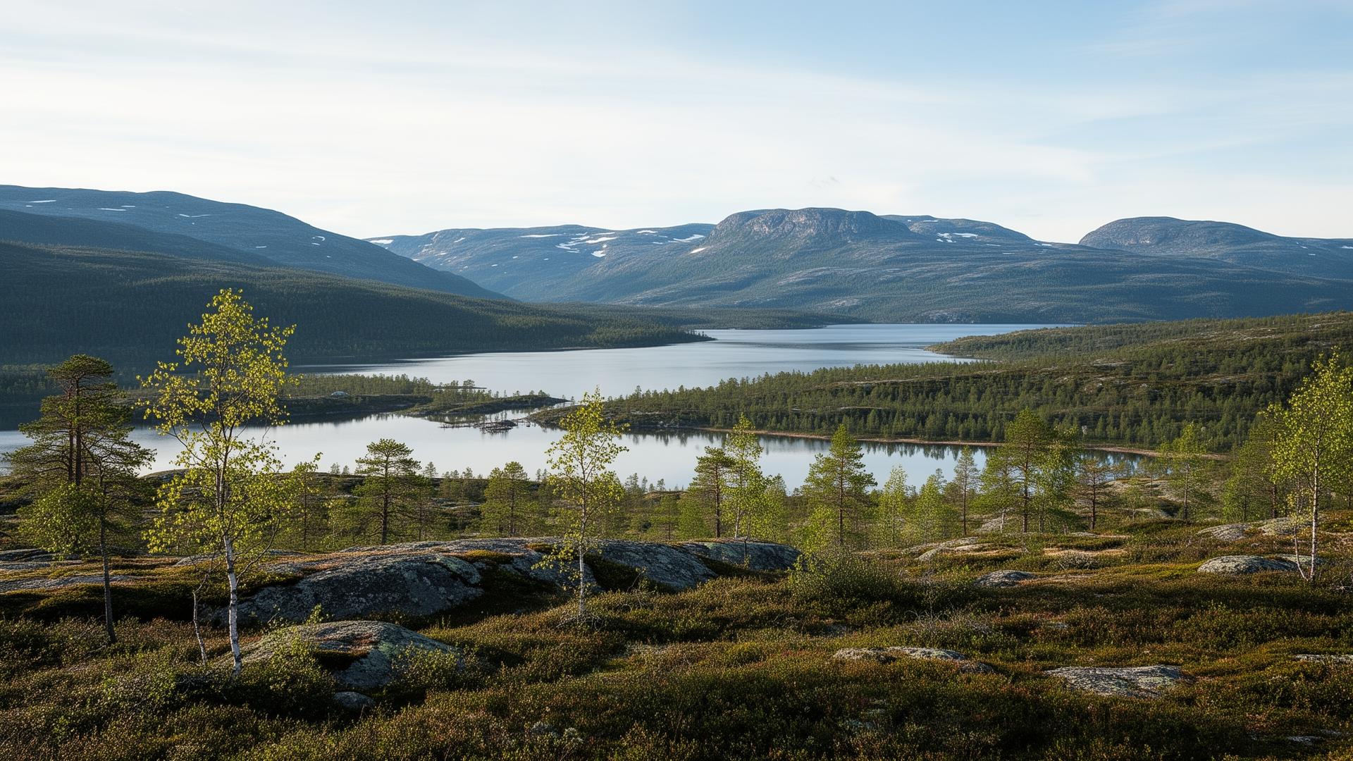Cinematisk landskapsbild över sjö och fjäll