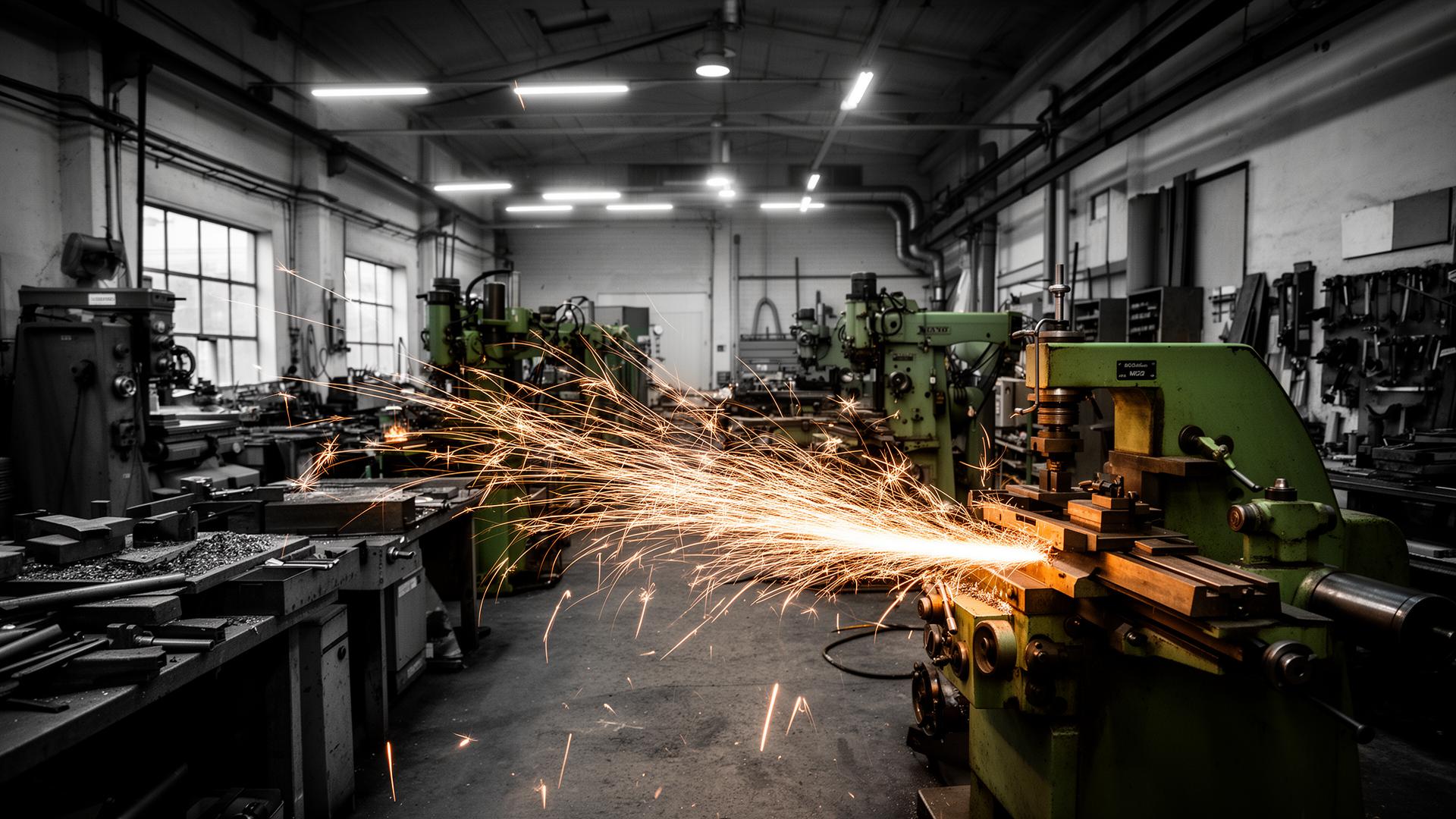 Industrifoto med gnistor i verkstad