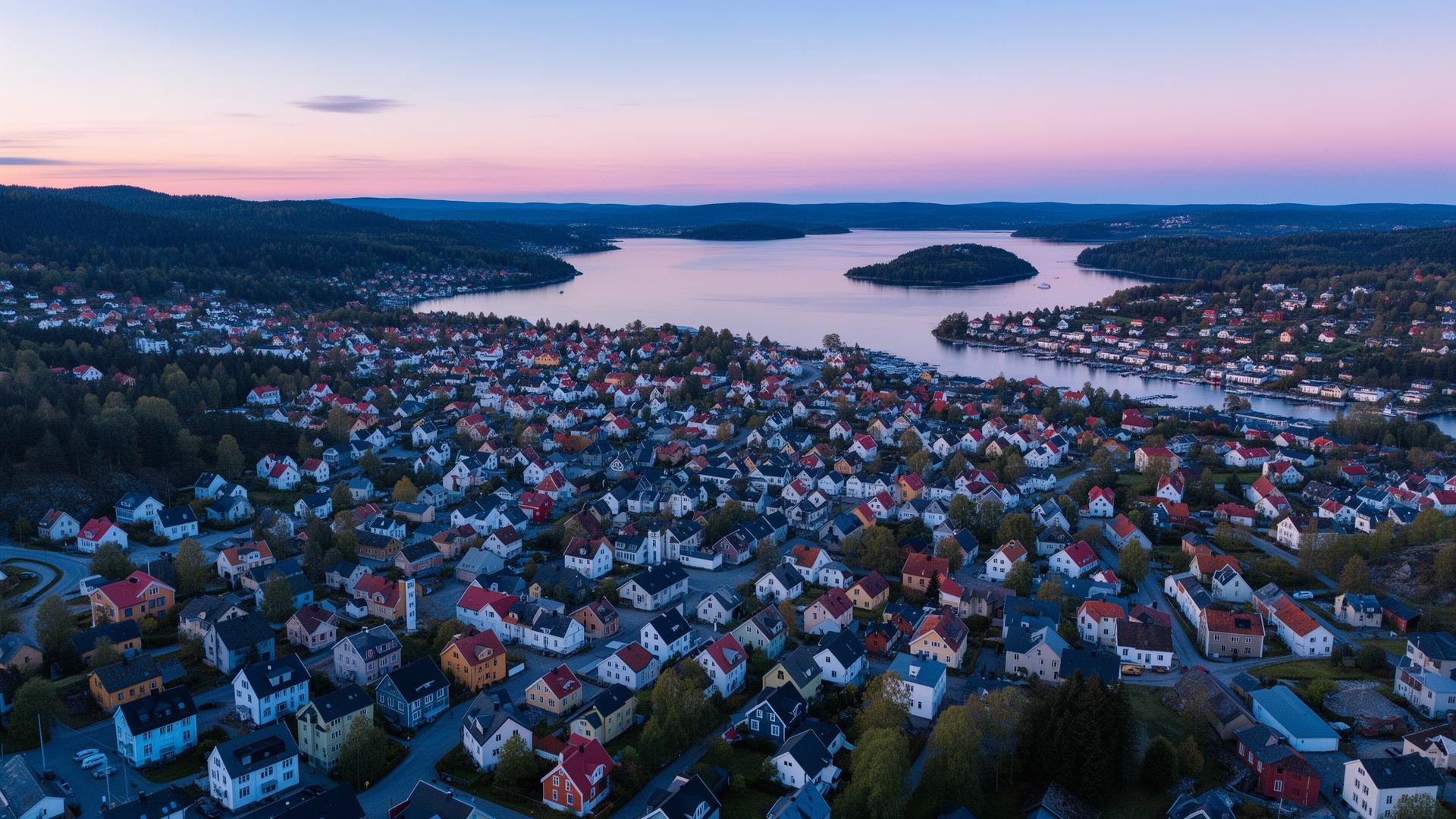 Drönarbild över kuststad i solnedgång
